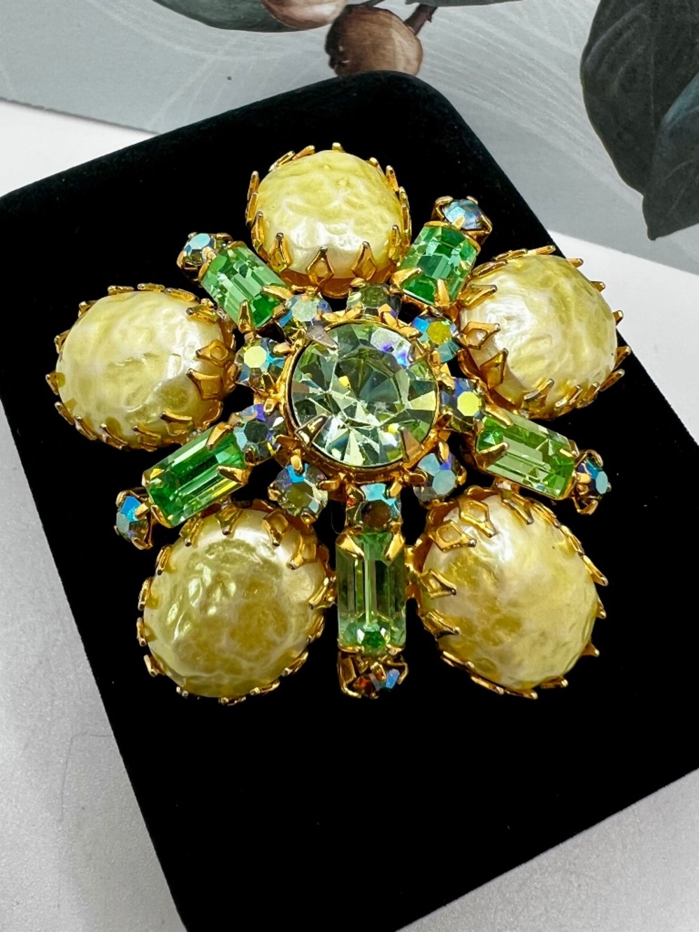 Uranium Glass Dome Brooch Soft Yellow and Peridot